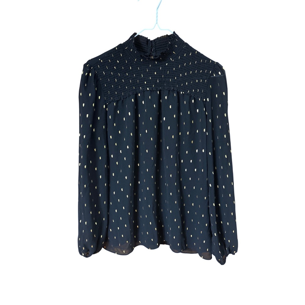 White House Black Market Black Gold Metallic Smocked Mock Neck Blouse M